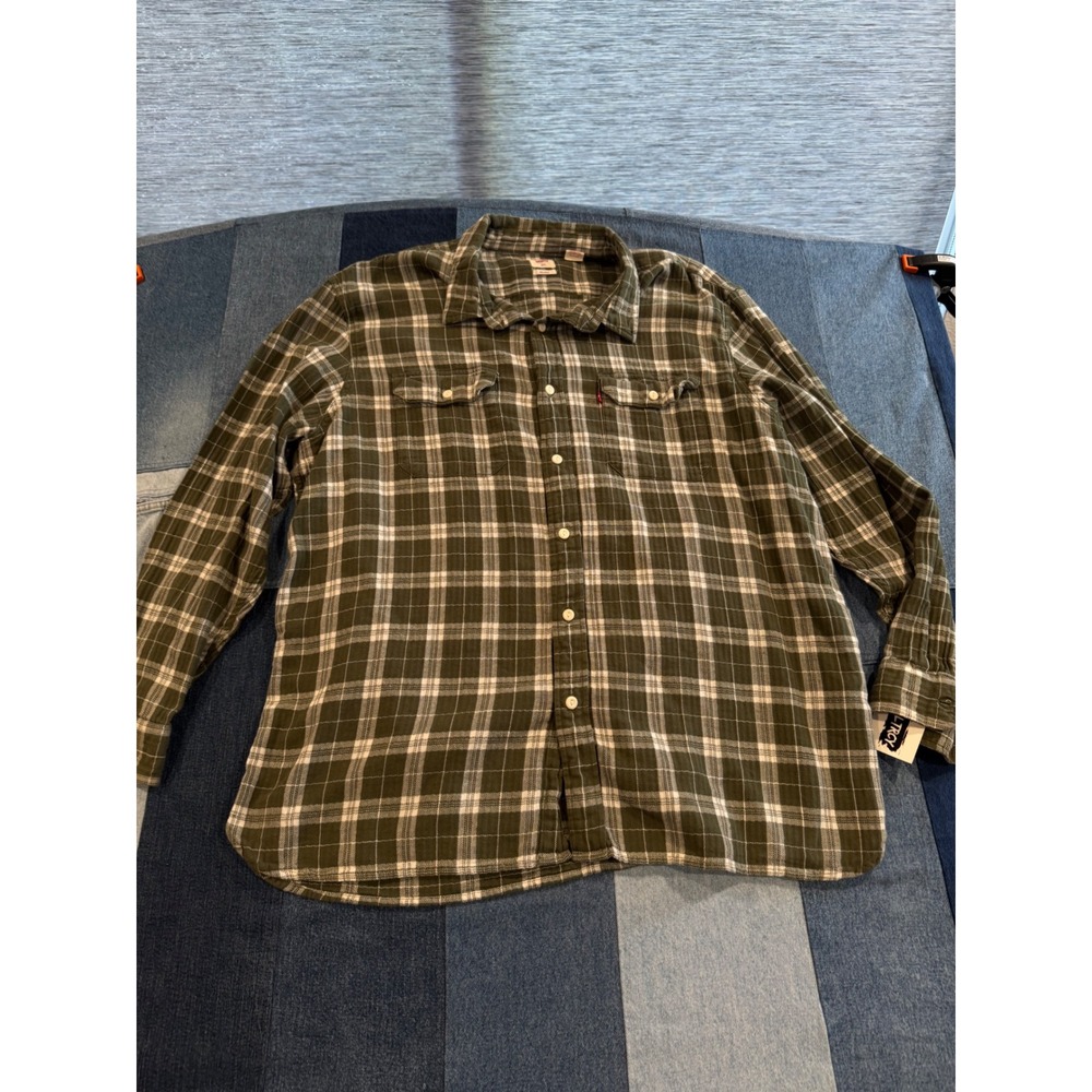 Levis‎ Mens XXL Relaxed Fit Flannel Shirt Olive Green White Plaid Button Down